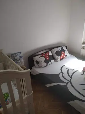 a bedroom with a bed and a crib at Nika Apartment in Belgrade