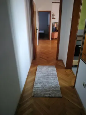 a hallway with a rug on a wooden floor at Nika Apartment in Belgrade