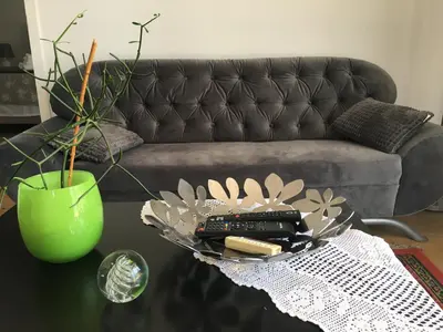 a living room with a coffee table with a couch at Apartmani Spasić in Smederevo