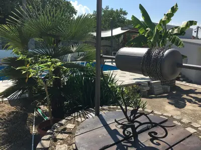 a view of a pool with palm trees and a telescope at Apartmani Spasić in Smederevo