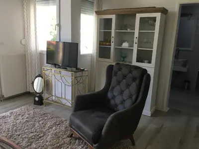 a living room with a chair and a television at Apartmani Spasić in Smederevo