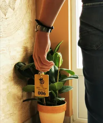 a person standing next to a plant with a sign on it at Villa Boho Cherga in Belgrade