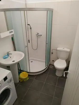 a bathroom with a shower and a toilet and a sink at SUMICE apartment in Belgrade