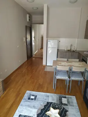 a living room with a table and chairs and a kitchen at SUMICE apartment in Belgrade