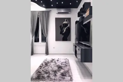 a living room with a television and a rug at LUX apartment in downtown of Belgrade in Belgrade
