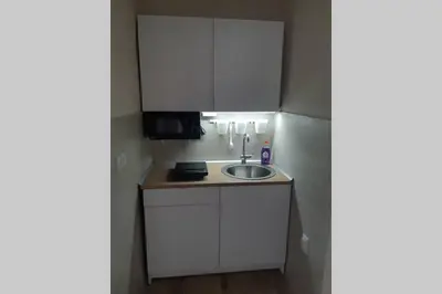 a small kitchen with a sink and a microwave at Apartman Mima in Belgrade
