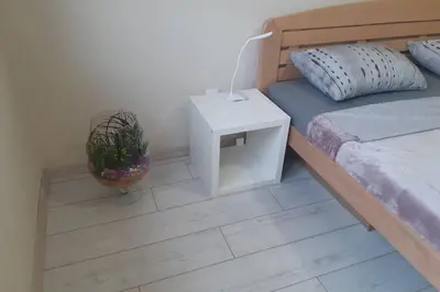 a bedroom with a bed with a night stand and a plant at Apartman Mima in Belgrade