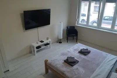 a living room with a table and a flat screen tv at Apartman Mima in Belgrade