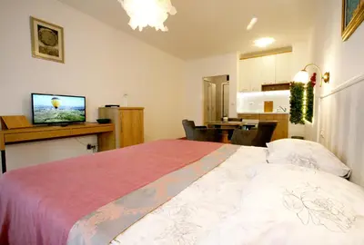 a bedroom with a large bed and a kitchen at Apartment Moonstone 1 in Belgrade