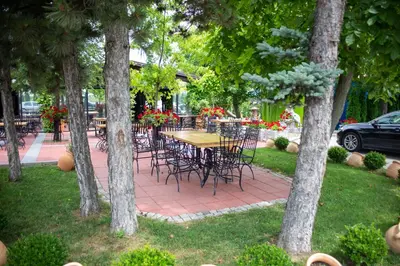 a group of tables and chairs in a park with trees at MV Monogram in Inđija