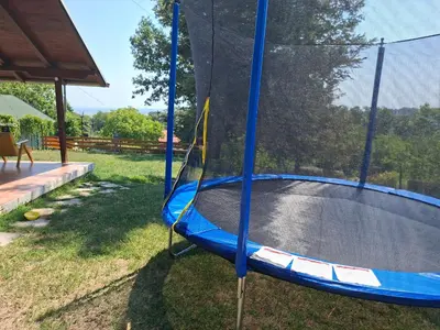 a blue trampoline in the yard with at Hacienda Guster in Ritopek