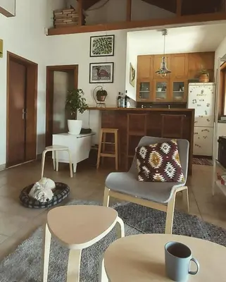 a living room with a couch and tables and a kitchen at Hacienda Guster in Ritopek