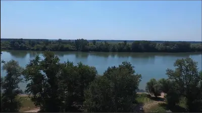 an aerial view of a large lake with trees at Vila Sava in Jarak