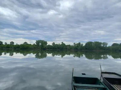a boat on a lake with trees in the background at Vila Sava in Jarak