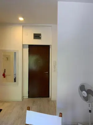 a room with a brown door and a wooden floor at City centre apartment in Belgrade
