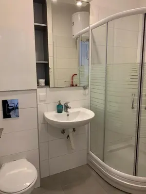 a bathroom with a toilet and a sink and a shower at City centre apartment in Belgrade
