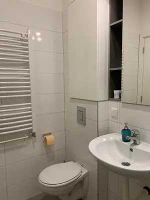a white bathroom with a toilet and a sink at City centre apartment in Belgrade