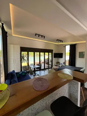 a living room with a table and a couch at Beach House Belgrade in Belgrade
