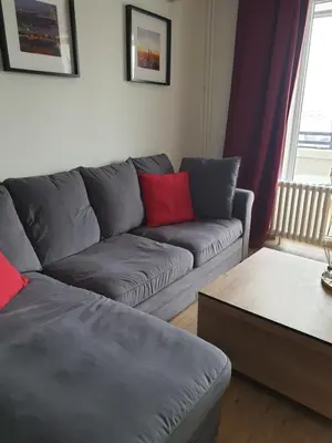 a grey couch with red pillows in a living room at TiTo LuX in Belgrade