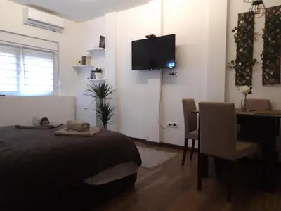 a bedroom with a bed and a desk and a television at Vilovski in Vračar (historical)