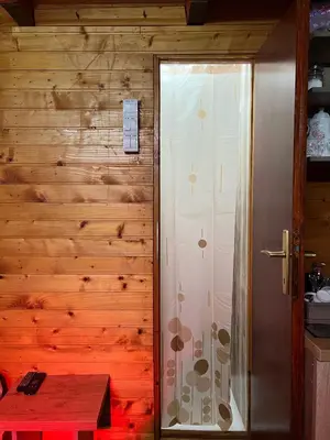 a shower in a room with a wooden wall at Kuca i splav na reci Savi in Belgrade