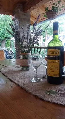 a bottle of wine and two wine glasses on a table at Rita Apartman & Studio in Zrenjanin