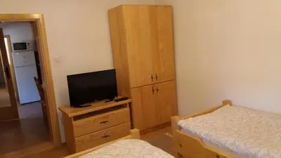 a bedroom with a bed and a television on a dresser at Rita Apartman & Studio in Zrenjanin