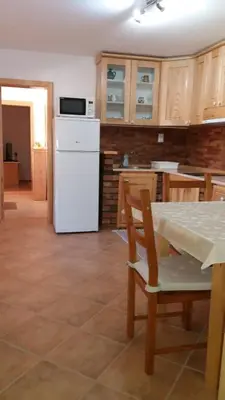 a kitchen with a table and a white refrigerator at Rita Apartman & Studio in Zrenjanin