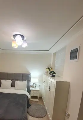 a bedroom with a bed and a ceiling fan at Apartment My Home in Belgrade
