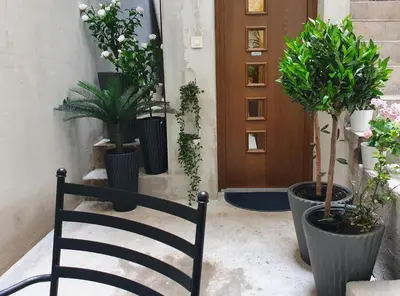a black chair sitting in front of a door with potted plants at Apartment My Home in Belgrade