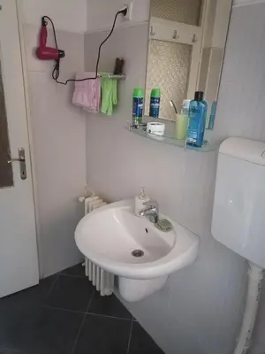 a bathroom with a white sink and a toilet at Andreja apartman 2 (jednosobni app -50m2) in Belgrade