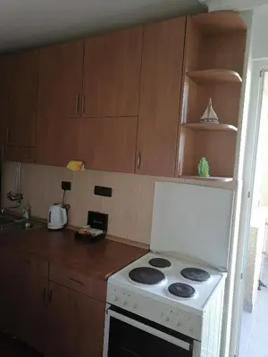 a kitchen with a white stove and wooden cabinets at Andreja apartman 2 (jednosobni app -50m2) in Belgrade