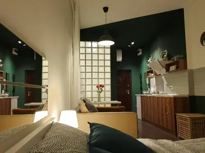 a living room with green walls and a couch at Studio Apartment 