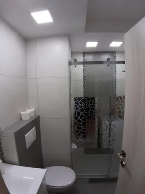 a bathroom with a toilet and a glass shower at Danube Blue 2 in Belgrade