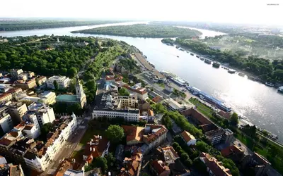 an aerial view of a city and a river at Belvedere Skadarska Apartment in Belgrade