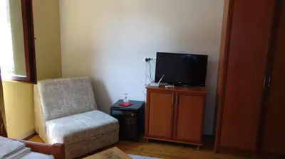 a living room with a chair and a television at Rooms Milin Lagum in Irig
