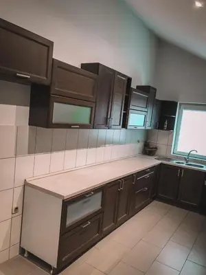 a kitchen with dark wooden cabinets and a sink at Kengur Resort in Belgrade