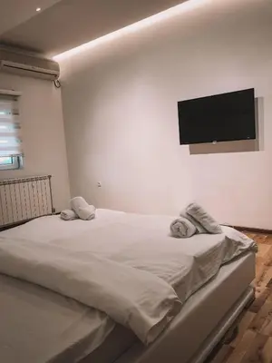 a bedroom with a bed with a flat screen tv on the wall at Kengur Resort in Belgrade