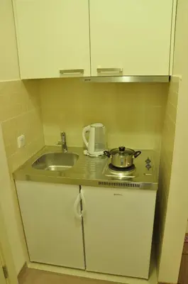 a kitchen counter with a sink and a pot on it at Apartments Legacy in Belgrade