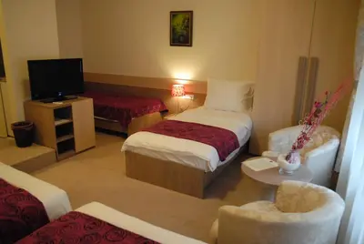 a hotel room with a bed and a tv at Apartments Legacy in Belgrade