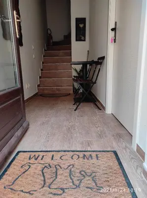 aoyer with a welcome mat on the floor of a house at Retro Mini Apartment in Zemun