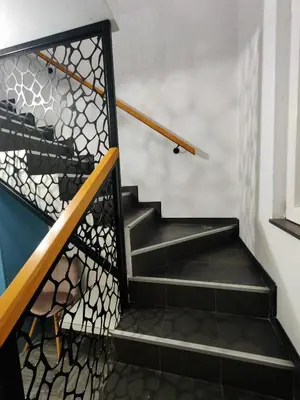 a staircase with a metal railing next to a wall at Vila Ana in Donja Ralja
