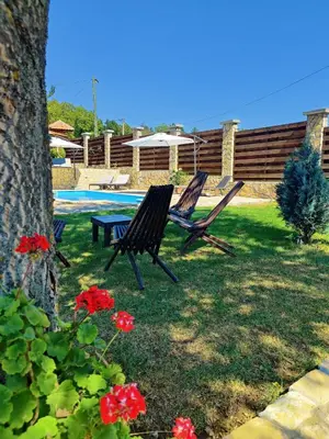 two lawn chairs sitting in the grass near a pool at Vila Ana in Donja Ralja
