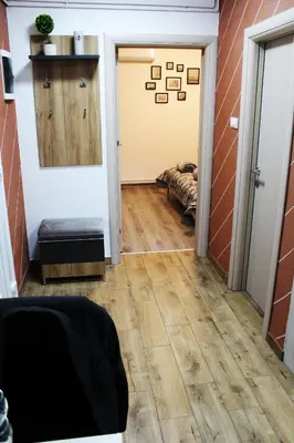 a hallway with wood floors and a door with a mirror at DEP House in Zemun