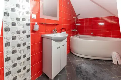 a bathroom with a sink and a tub and red tiles at Villa Wisteria in Smederevo