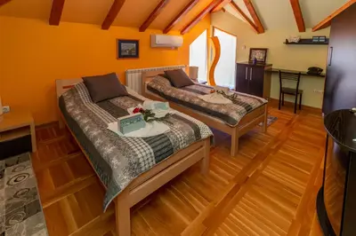 two beds in a room with orange walls and wooden floors at Villa Wisteria in Smederevo
