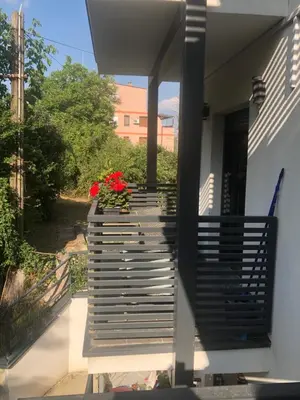 a stairway with red flowers in a pot on a house at Porto23 in Belgrade