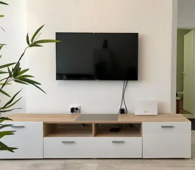 a living room with a tv on a white wall at Modern Studio (Institut Majka i Dete) in Belgrade