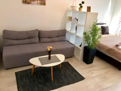 a living room with a couch and a coffee table at Modern Studio (Institut Majka i Dete) in Belgrade