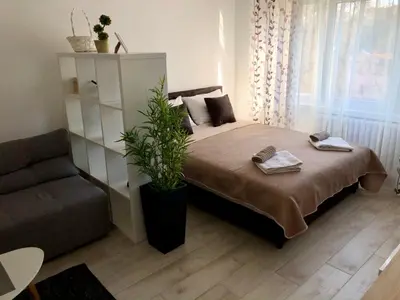 a bedroom with a bed with a plant and a couch at Modern Studio (Institut Majka i Dete) in Belgrade
